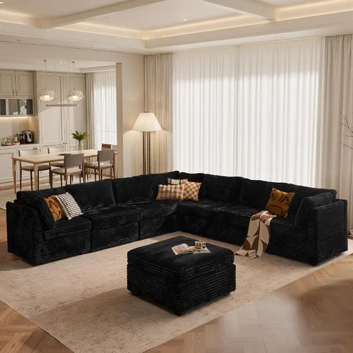 Vista 18 de Ovios - Sofá modular con diván en forma de U y otomanas, cómodo y mullido, tapizado en pana estilo nube, moderno, asiento profundo, juego de sofás