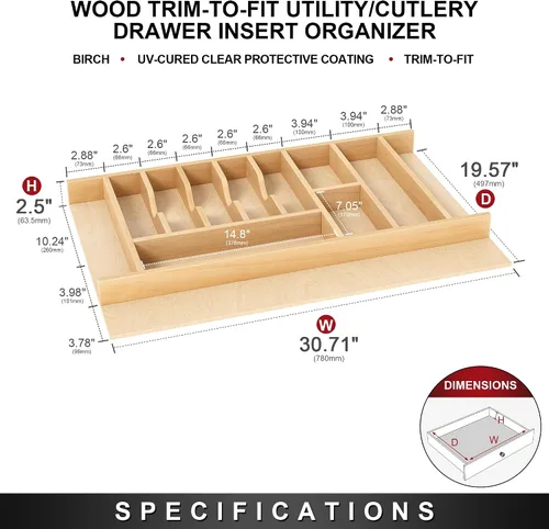 Vista 2 de Clikuutory Organizador de cajones de utensilios de madera de abedul natural con 12 compartimentos, bandeja divisora de cubiertos resistente que