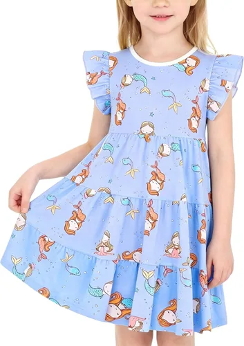Vista 29 de Vestido casual para niñas, de algodón suave, manga corta, transpirable, acampanado, para adolescentes, talla 2T, 3T, 4T, 5, 6, 7, 8, 9, 10, 12, 13