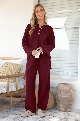 Vista 9 de PRETTYGARDEN Conjunto de 2 piezas de suéter de punto de otoño y pantalones de pierna ancha para mujer 2024