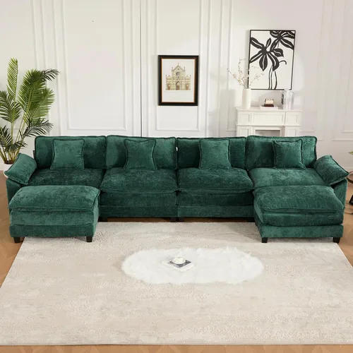 Vista 190 de Sofá seccional modular verde de 111.5", sofás seccionales grandes de 3 plazas para sala de estar, sofá nube oversized de tela chenille con otomana