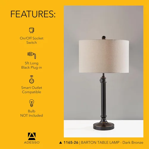 Vista 6 de Adesso Lámpara de mesa de bronce antiguo con pantalla de lino de avena, luz de acento de altura ajustable para dormitorio, sala de estar u oficina