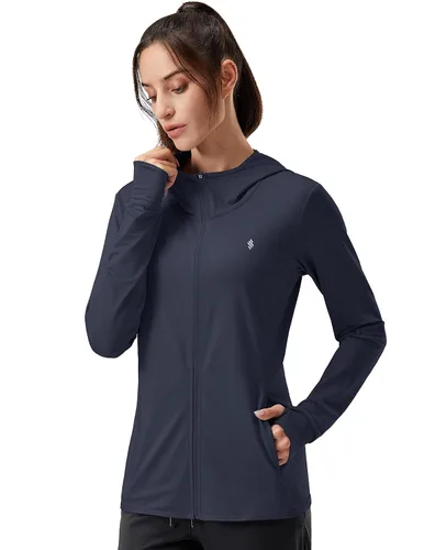 Vista 16 de Soothfeel Chaqueta con capucha y protección solar UPF 50+ para mujer, ligera, de manga larga, con bolsillo, para senderismo al aire libre d-celeste