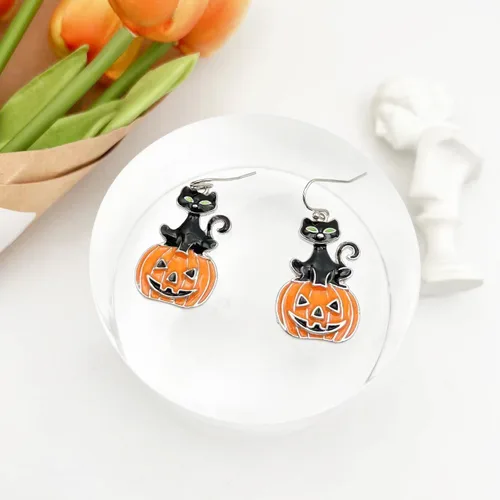 Vista 6 de Aretes de calabaza de Halloween para mujer, aretes colgantes de calabaza de cristal rojo, gato negro, calabaza roja, aretes de calabaza de Acción