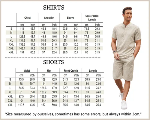 Vista 6 de COOFANDY Conjunto de 2 piezas de lino para hombre, camisas Henley casuales de manga corta, pantalones cortos de yoga para la playa, pantalones