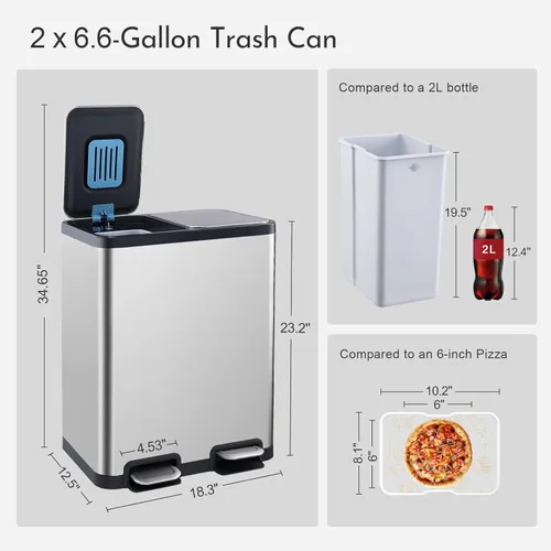 Vista 7 de ELPHECO Cubo de basura de cocina de doble compartimento, 2 cubos de basura de acero inoxidable de 6.6 galones para cocina con 2 cubos y tapas
