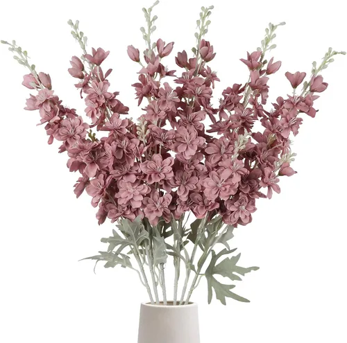 Vista 14 de IPOPU Flores Falsas Delphinium de 33.5 pulgadas, Flores Artificiales de Seda, 6 Piezas Azul Claro Larkspur Flores Artificiales de Tallo Largo
