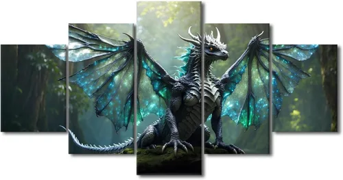 Vista 56 de Lienzo decorativo para pared de sala de estar, lienzo de dragón, 5 paneles, dragón verde, decoración de pared para el hogar, decoración de pared