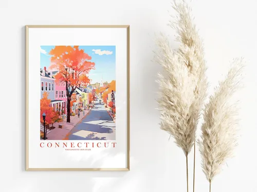 Vista 5 de ColorAndFlair Connecticut Travel Print Constitution State Souvenir CT Naturaleza, rosa, naranja, verde azulado, arte de pared, póster de paisaje