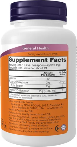 Vista 2 de NOW Foods Suplementos, polvo de D-manosa para apoyo inmunológico, proyecto verificado sin OMG, tracto urinario saludable*, 3 onzas