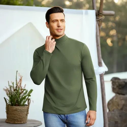 Vista 6 de Mens T Shirt Long Sleeve Basic Mock Turtleneck Pullover Thermal Solid Tops Verde militar