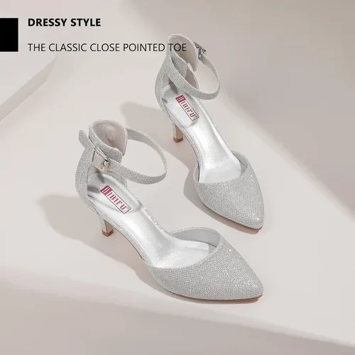 Vista 4 de IDIFU IN3 D'Orsay Zapatos de tacón bajo para mujer, zapatos de vestir puntiagudos con puntera cerrada, correa de tobillo para novia, elegante