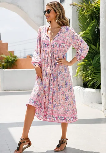 Vista 4 de R.Vivimos - Vestidos por debajo de la rodilla, de manga larga, con estampado floral, de estilo retro y bohemio, con cuello en V y borlas para mujer