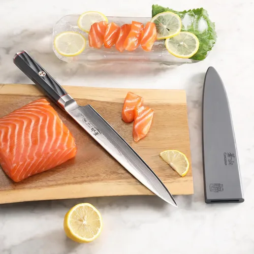 Vista 5 de Cangshan YARI Series 501288 Cuchillo Sashimi de 8 pulgadas con funda, acero de Damasco X-7