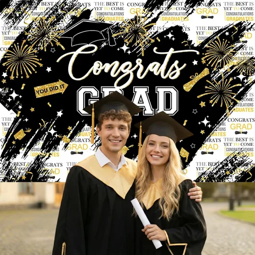 Vista 3 de Mocsicka Telón de fondo de graduación de 7 x 5 pies – Congrats Grad Black Gold 2026 decoraciones de fiesta de graduación, fondos de fotografía