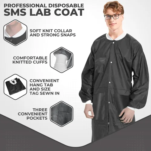 Vista 38 de Paquete de 10 chaquetas desechables de laboratorio, chaqueta médica reutilizable hasta la cadera, unisex, con puños de punto y bolsillos