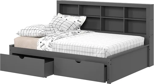 Vista 4 de Donco Kids Equable Modern - Estantería de sofá cama matrimonial en acabado gris oscuro con cajones dobles debajo de la cama