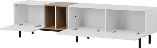 Vista 5 de Moderno soporte de TV con centro de entretenimiento con 3 puertas, soportes de centro multimedia con armarios grandes y mesa de madera resistente al