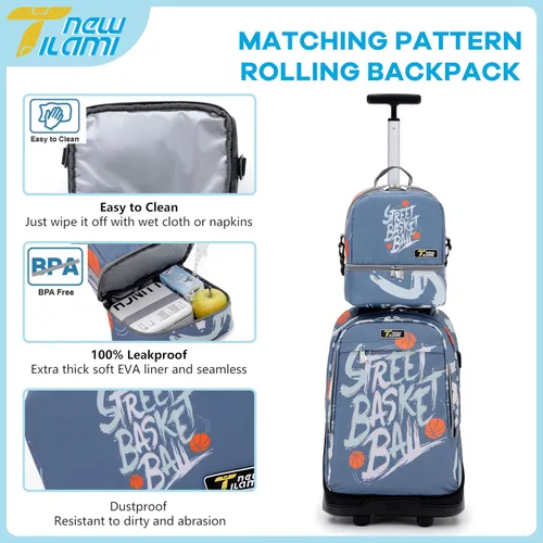 Vista 31 de NEW TILAMI Mochila con ruedas de 19 pulgadas con bolsa de almuerzo para niñas y niños, mochila para laptop con ruedas, bolsa de mano duradera