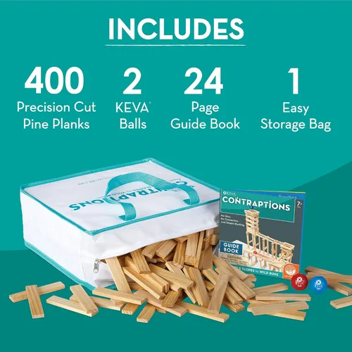 Vista 4 de MindWare KEVA Contraptions, juego de construcción de bloques de madera, kit de carrera de mármol, incluye 2 bolas - 400 tablones