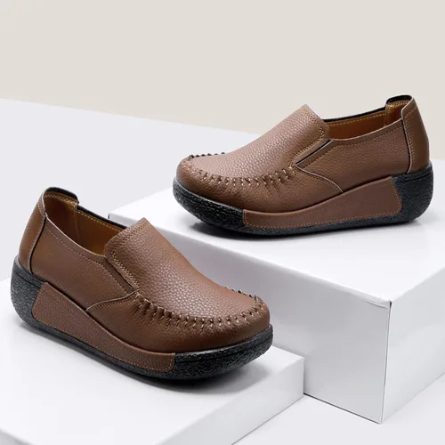 Vista 6 de UZB Mocasines de cuero sin cordones para mujer, cómodos zapatos de plataforma casuales