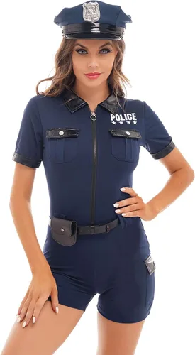 Vista 7 de Disfraz de oficial de policía para mujer, uniformes de policía para Halloween, juego de roles Negro