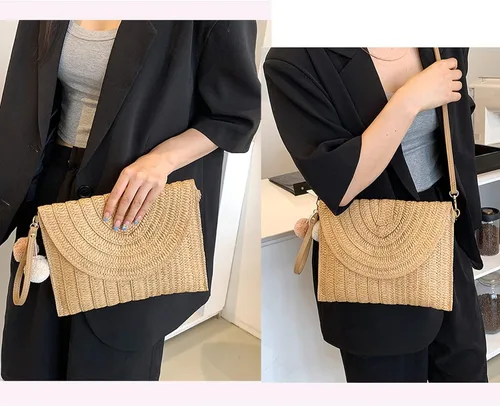 Vista 5 de Aphoraeny Bolsos cruzados de paja para mujer, bolsa de paja para playa, bolso de paja, bolso de verano, cartera de paja sobre