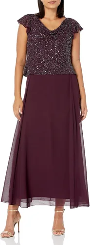 Vista 16 de J Kara Vestido largo de manga con volantes y cuello redondo y cuentas para mujer Champán Multi