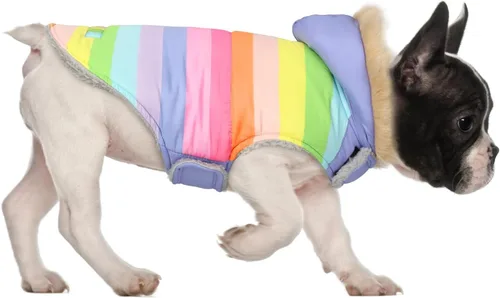 Vista 22 de HDE Chaqueta acolchada para perro, con forro polar, abrigo de invierno cálido para perro con agujero para arnés a rayas rosas, talla S Raya rosa