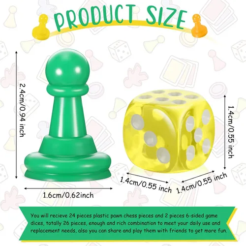 Vista 2 de 26 piezas de juego de mesa multicolor y dados que incluyen 24 piezas de ajedrez de plástico multicolor y 2 dados de plástico de 6 caras, juego