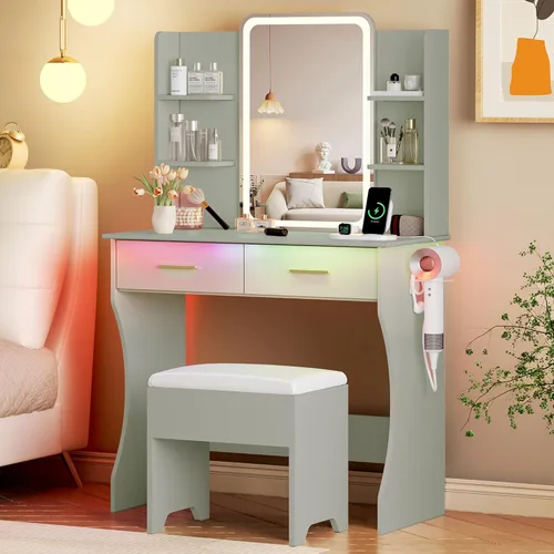 Vista 12 de Escritorio de tocador con espejo iluminado HD y luces, pequeño tocador de maquillaje acanalado con cajones y estantes de almacenamiento, juego