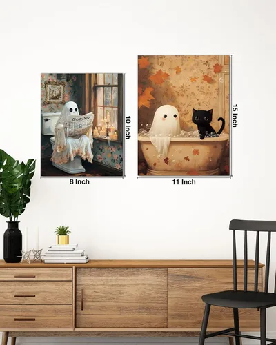 Vista 7 de QPVXSST Arte de Pared Interesante de Fantasma de Halloween para Baño, Póster Impreso en Lienzo de Estilo Gótico, Decoración de Baño con Diseño