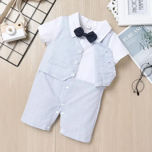 Vista 2 de IDOPIP Chaleco blanco para bebé, caballero, camisa blanca, corbatín, esmoquin, enterizo, enterizo, traje de cumpleaños, traje formal de 0-18 meses