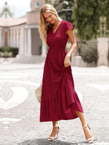 Vista 3 de PRETTYGARDEN Vestido de cóctel largo de manga corta con cuello en V para mujer, diseño de lunares suizos con volantes y escalonado