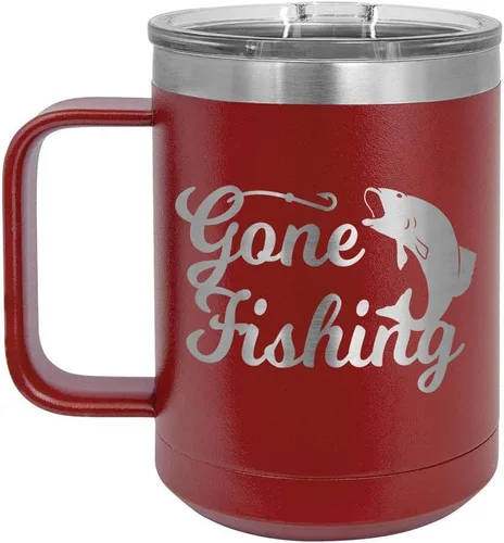 Vista 17 de GONE FISHING Taza de café negra de 15 oz con tapa deslizante Taza de café de viaje aislada Ideas de regalos de cumpleaños o Navidad de mujeres u