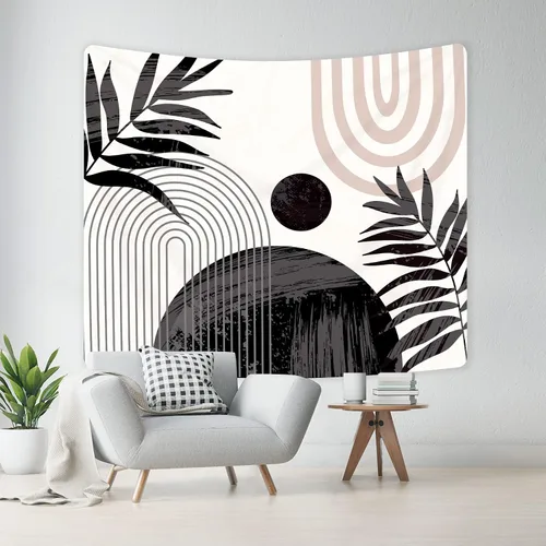 Vista 2 de KOMLLEX Tapiz abstracto negro bohemio de mediados de siglo, moderno, estético, minimalista, para colgar en la pared, hojas de sol, arco rosa