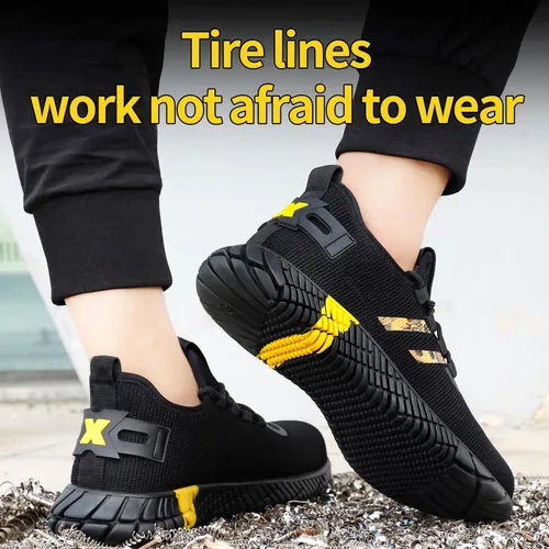 Vista 4 de GLANOUDUN Zapatos de punta de acero para hombres y mujeres, zapatos de seguridad ligeros y cómodos para hombres con punta de acero ancha, zapatos