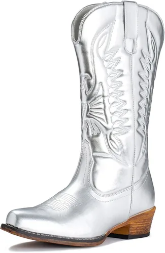 Vista 8 de IUV - Botas de cowboy para mujer, botas vaqueras a media pantorrilla, botas de vaquera con punta puntiaguda, botas occidentales B-Rojo