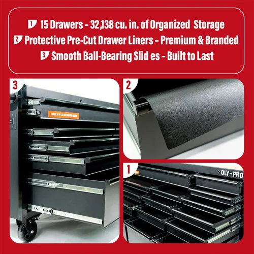 Vista 8 de Olympia Tools Caja de herramientas móvil resistente de 72 pulgadas, con banco de trabajo superior de madera maciza, baúl de herramientas con ruedas