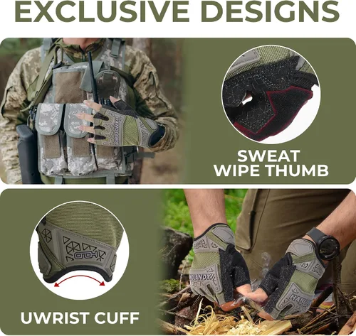 Vista 6 de HANDLANDY Guantes tácticos de impacto sin dedos para hombre, guantes de trabajo con agarre acolchado de medio dedo, guantes de conductor de Verde