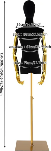 Vista 2 de Maniquí femenino de terciopelo con brazos y base dorados, altura ajustable de 59 a 79 pulgadas, soporte de exhibición de medio maniquí