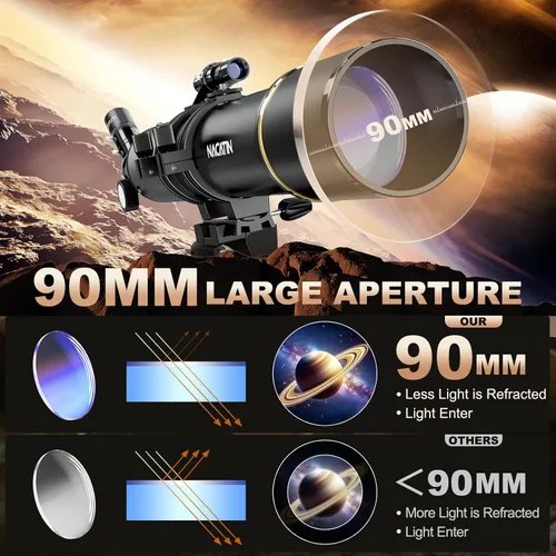 Vista 2 de NACATIN Telescopio de Astronomía para Adultos y Principiantes, Apertura de 90mm 800mm de Longitud Focal Telescopio Refractor Profesional Portátil