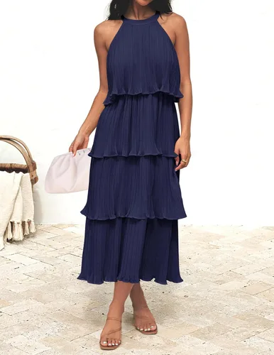 Vista 2 de Zesica Vestido de verano sin mangas, con cuello halter y volantes escalonados, de gasa, con vuelo, largo por debajo de la rodilla