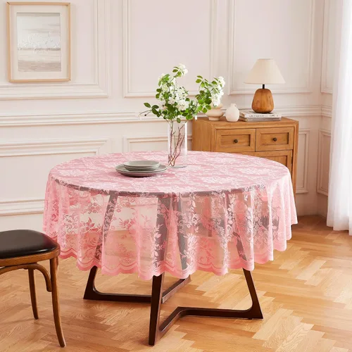 Vista 12 de LinenZone Hermoso mantel redondo de encaje con elegante borde festoneado para cualquier evento especial como bodas, fiestas de cumpleaños, baby