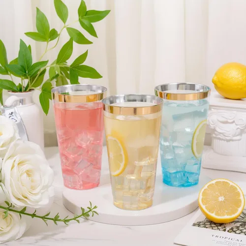 Vista 3 de DaYammi Paquete de 100 vasos de plástico dorados de 16 onzas, elegantes vasos de plástico transparente con borde dorado, desechables, copas de vino