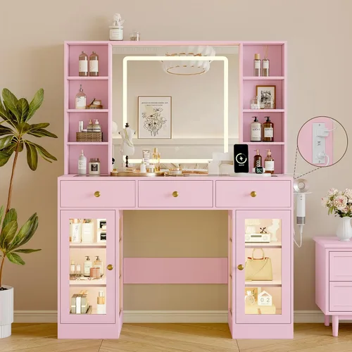 Vista 14 de Escritorio de maquillaje con espejo y luces, tocador negro de 43 pulgadas con parte superior de cristal, almacenamiento de joyas, 3 cajones