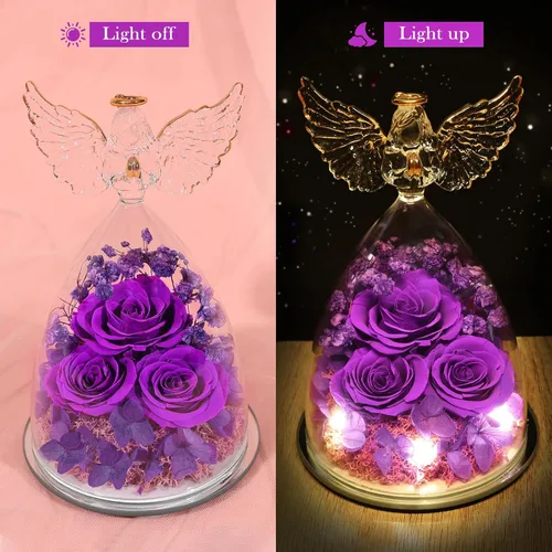 Vista 3 de Regalos de rosas preservadas para mujeres, flores frescas eternas en cristal con figuras de ángel para entrega, rosas moradas para abuela, mamá