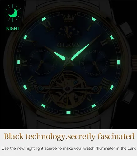 Vista 4 de OLEVS Relojes mecánicos automáticos para hombre, vestido de lujo, impermeable, cuerda automática, cronógrafo, de acero inoxidable, fecha luminosa