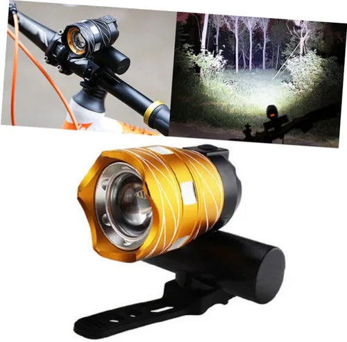 Vista 9 de Mountain Bike Headlight with Adjustable Mounts Wide Beam Battery-Powered LED Flashlight for Night Riding and Safety Compact Gold Bicycle Light for