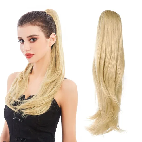 Vista 22 de Extensión de Cola de Caballo, Extensión de Cabello con Garra Larga de 20", Piezas de Cabello Sintético Ondulado Liso con Clip en Peluca de Cola